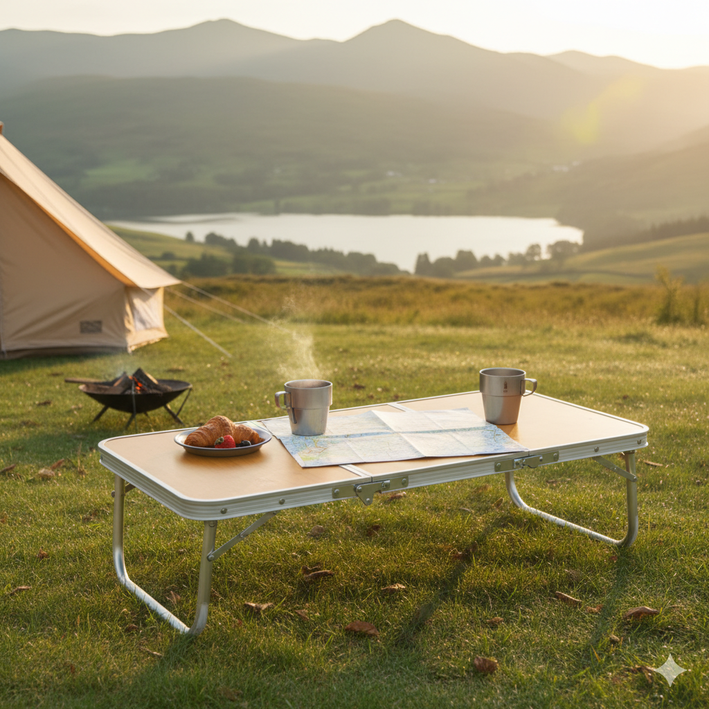 Folding Bamboo Camping Table – Lightweight & Portable with Aluminium Legs (Tri-Fold)