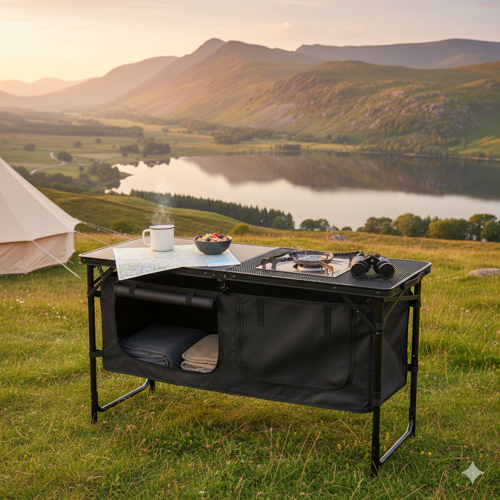 Folding Outdoor Camping Kitchen Table with Storage Compartments – Adjustable Height