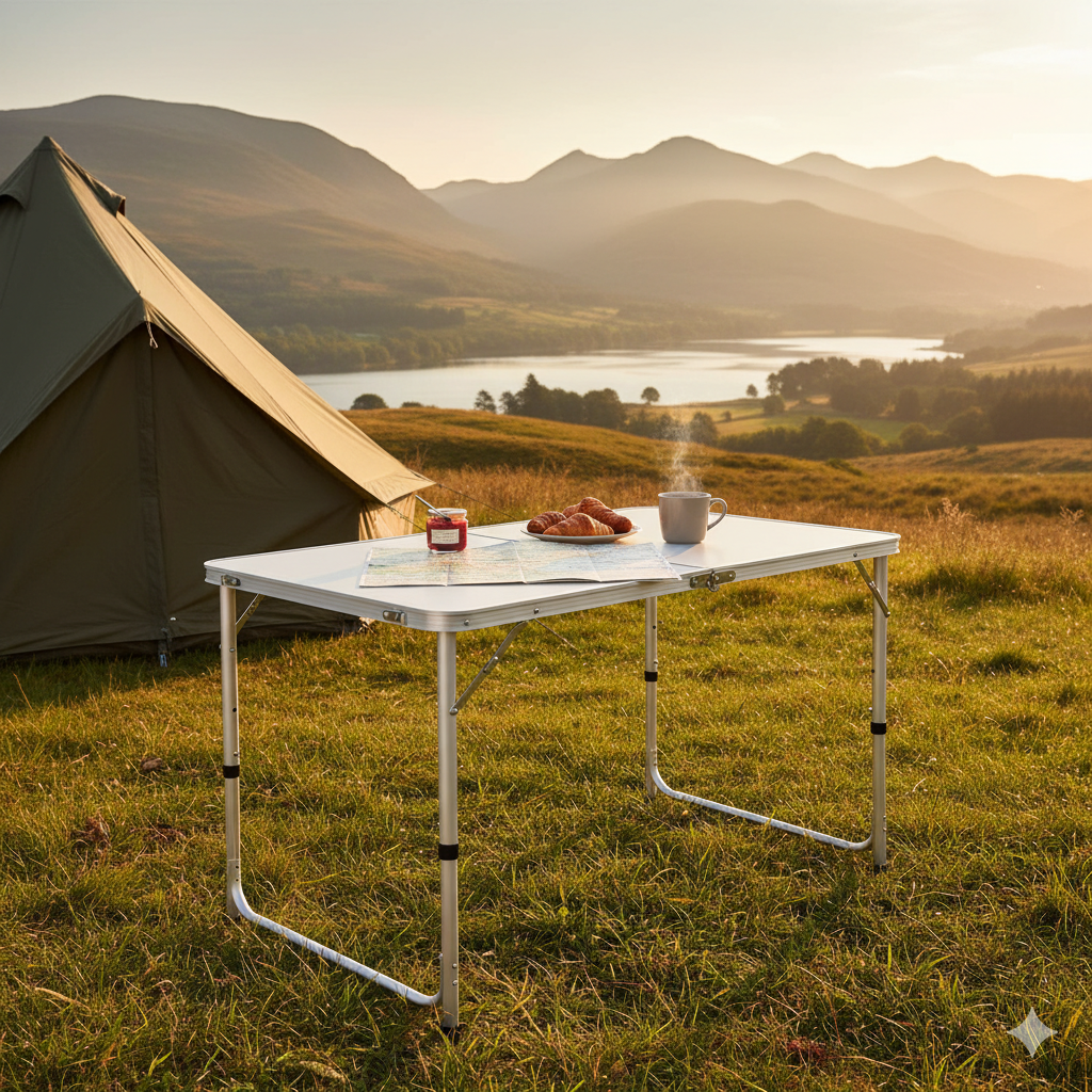 Folding Aluminium Camping Table – White Top 120 x 60 cm